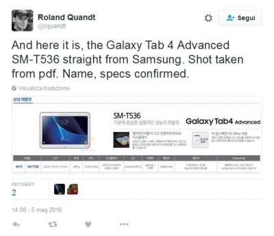 Galaxy Tab 4 Advanced, le presunte specifiche