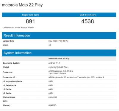 Il Moto Z2 Play su Geekbench