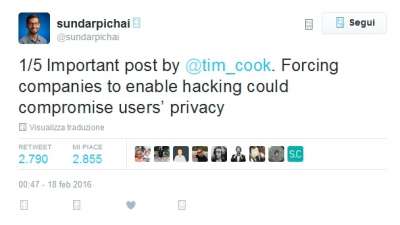 Il primo dei tweet postati da Pichai