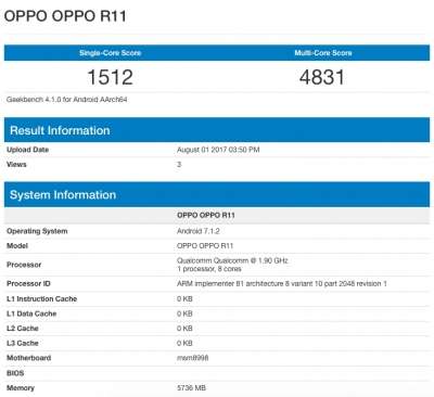 L'Oppo R11 su Geekbench