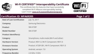 La certificazione del Galaxy A7 (2017)