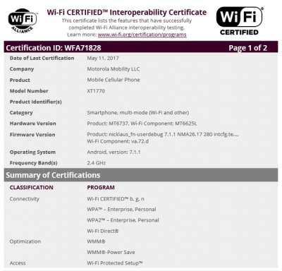 La certificazione del Moto XT1770