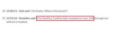 La chat che fa riferimento alla data di lancio di OnePlus 3