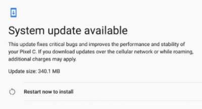 La notifica dell'update su Pixel C