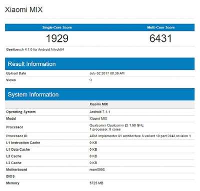 Lo Xiaomi Mi Mix 2 su GFXBench