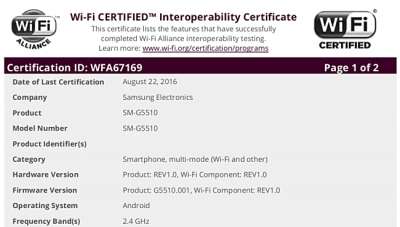 Samsung SM-G5510 - Certificazione WiFi Alliance