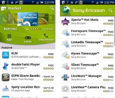 Sony Ericsson sul Market Android